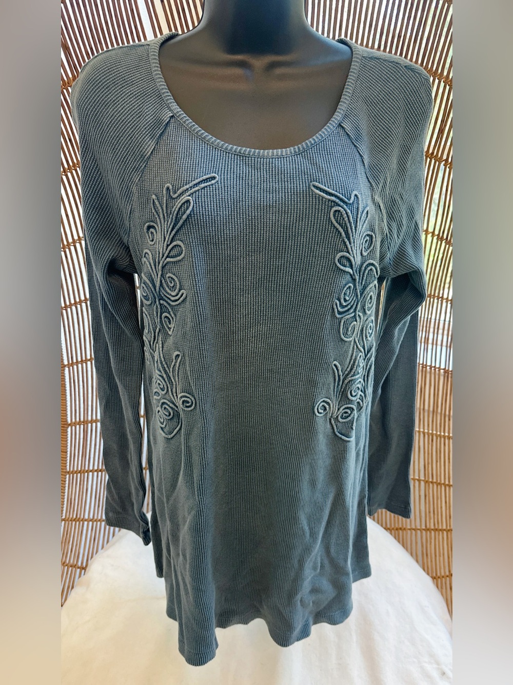 Waffle Knit Top Womens Blue 100% Cotton Applique Floral Long Sleeve Boho Sz S